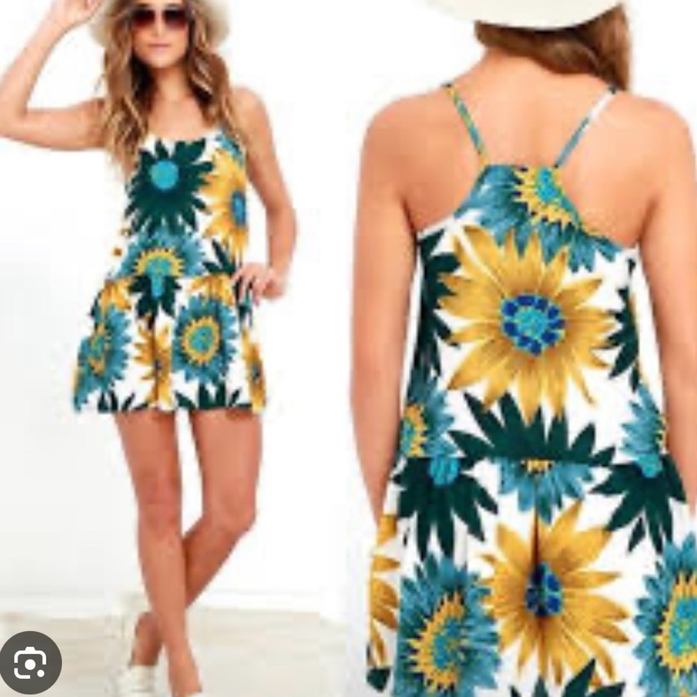 Sunflower-Print Spaghetti Strap One-Piece Romper - White/Yellow/Teal